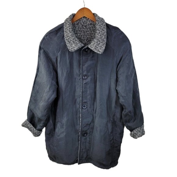 Vintage Reversible Coat size Large Light/Dark Academia Tweed Wool Silk grey - Picture 4 of 8